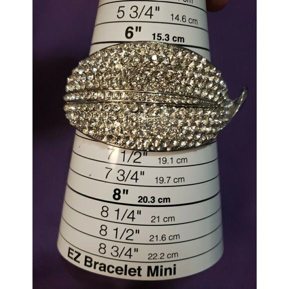 Chunky Large Leaf Shaped Hinged Bracelet, Silver Tone & Clear Glass Rhinestones - Picture 5 of 15